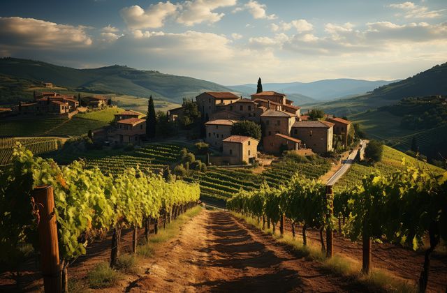 Beautiful vineyard. Travel around Tuscany, Italy. Landscape of vineyards in the wine country of Tuscany, Italy at sunrise. The vineyards of Tuscany are home to Italy's most famous wines.